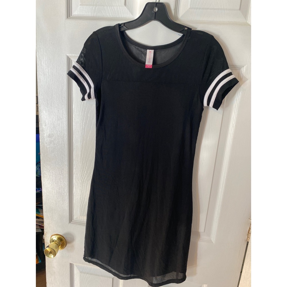 No Boundaries Black Mesh Panel Varsity Stripe T-Shirt Dress XS 1 Short Sleeve‎